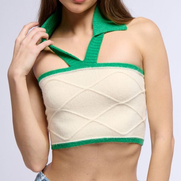 Miz Rugby: Cream & Green Halter Neck Cut Out Cold Sweater Cropped Sweater Top S - Picture 4 of 5